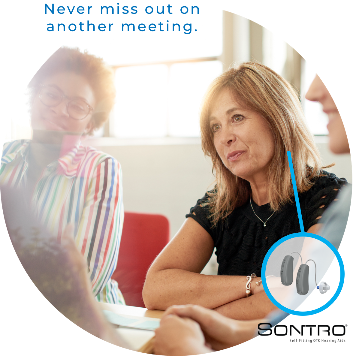 Never miss a meeting when you wear Sontro Self-Fitting OTC Hearing Aids