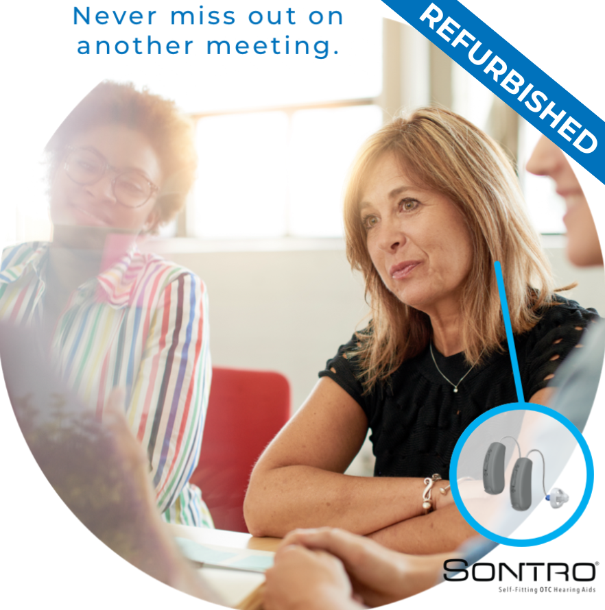 REFURBISHED SONTRO SELF-FITTING HEARING AID WITH TWO WOMEN IN A MEETING